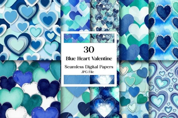 Blue Heart Valentine Digital Paper Pack
