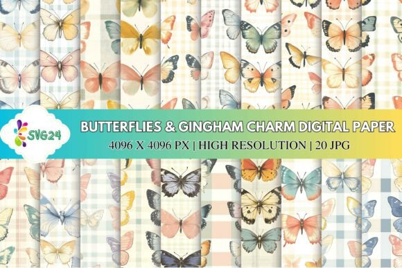 Butterflies Gingham Charm Digital Paper