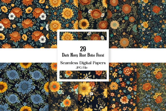 Dark Navy Rust Boho Floral Digital Paper