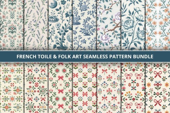 French Toile Folk Art Pattern Bundle