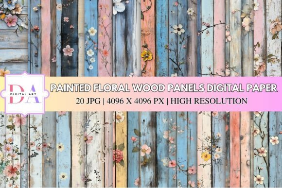 Painted Floral Wood Panels Digital Paper