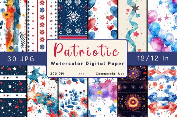 Patriotic Watercolor Digital Paper Pack