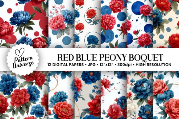 Red Blue Peony Bouquet Pattern